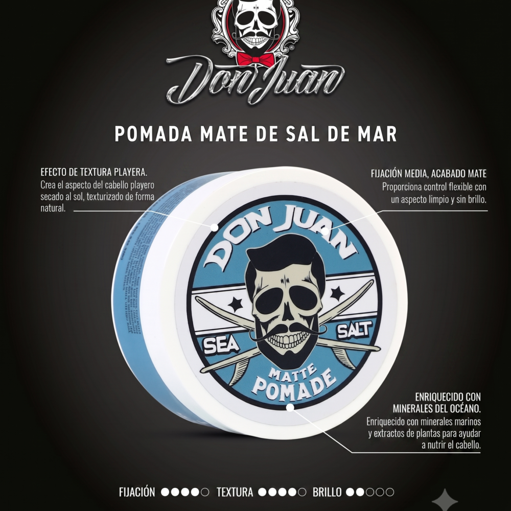DON JUAN SEA SALT POMADE MATTE CON TEXTOS EXPLICATIVOS